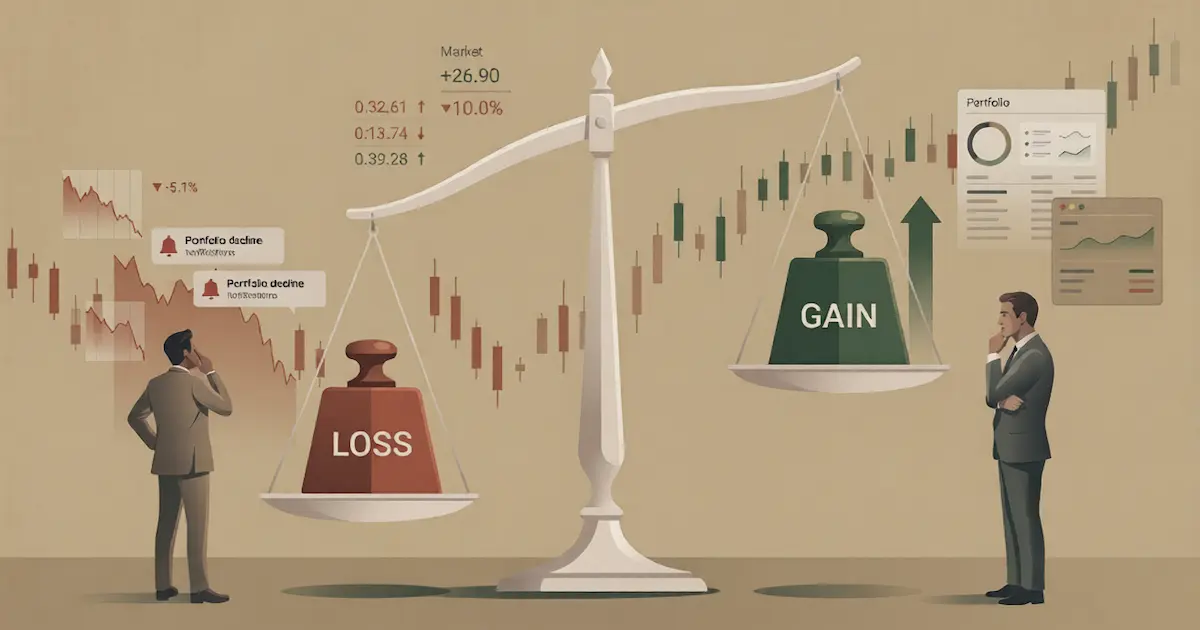 Tilted balance scale with a red losing weight outweighing a green gaining weight despite both being the same size, illustrating how loss aversion makes losses feel heavier than equivalent gains