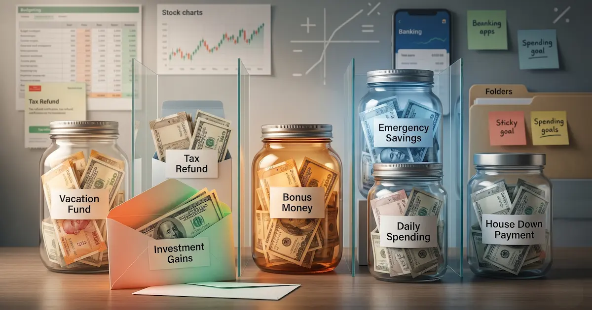 Multiple labelled jars holding identical coins, illustrating how mental accounting treats functionally identical money differently based on which mental bucket it sits in