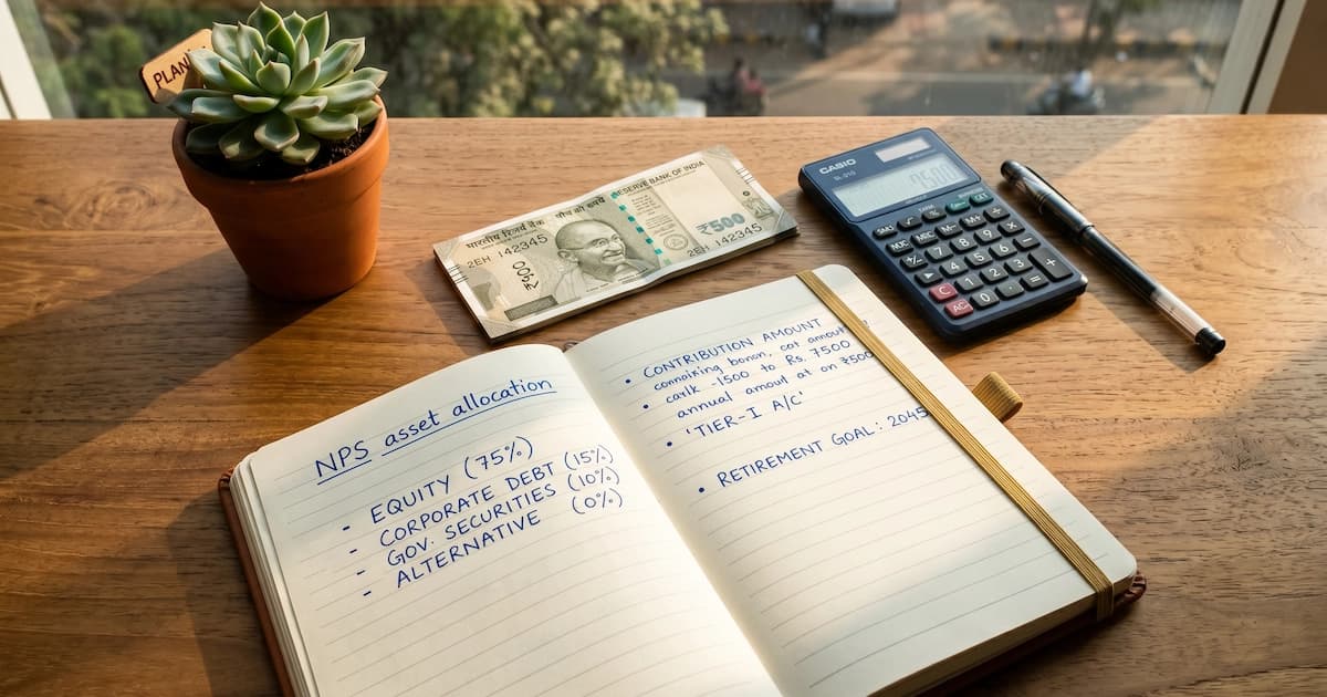 Indian retirement planning notebook with NPS contribution schedule and asset allocation table, illustrating the National Pension System