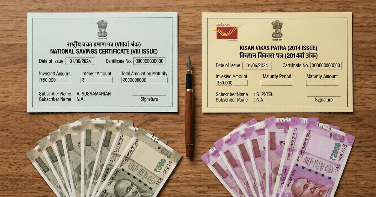 National Savings Certificate and Kisan Vikas Patra certificates side by side on a wooden desk with Indian rupee notes, illustrating the comparison between the two post office schemes