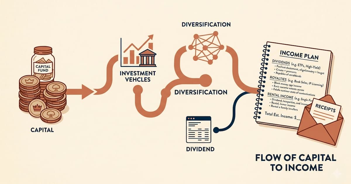 Conceptual illustration showing the flow of passive income from capital and royalties without active work