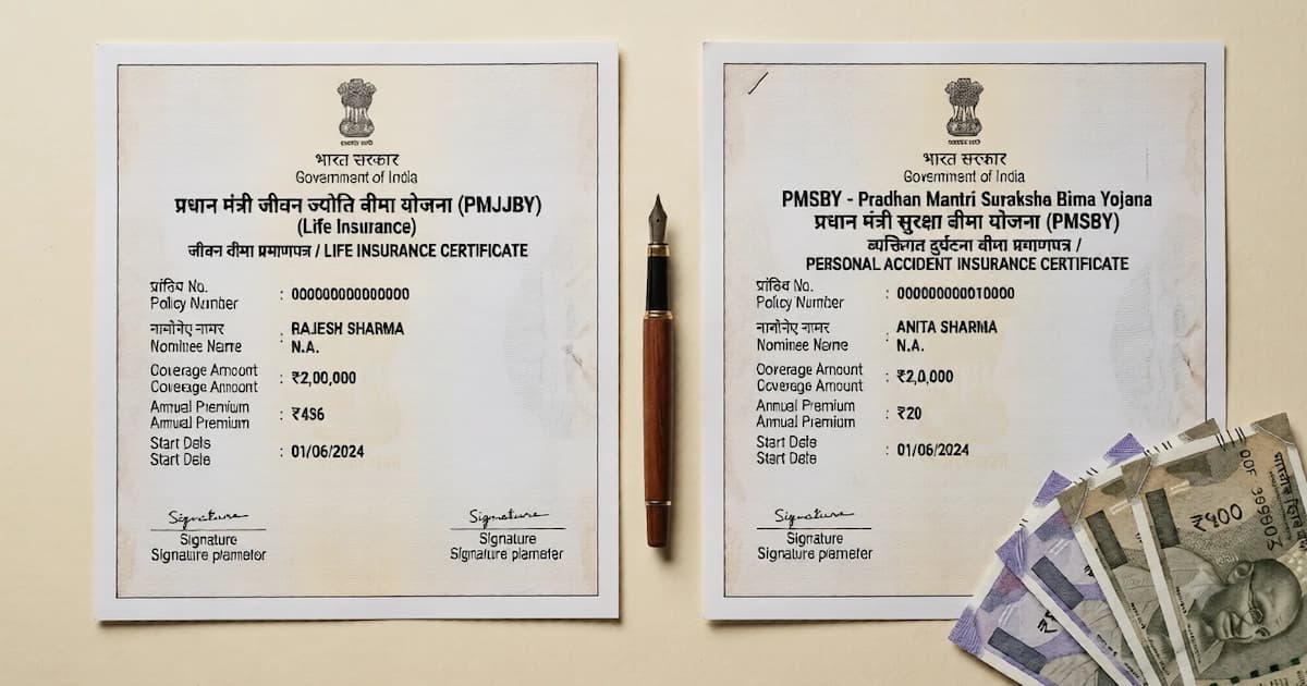 PMJJBY and PMSBY insurance scheme certificates side by side with Indian rupee notes, illustrating low-cost government life and accident insurance