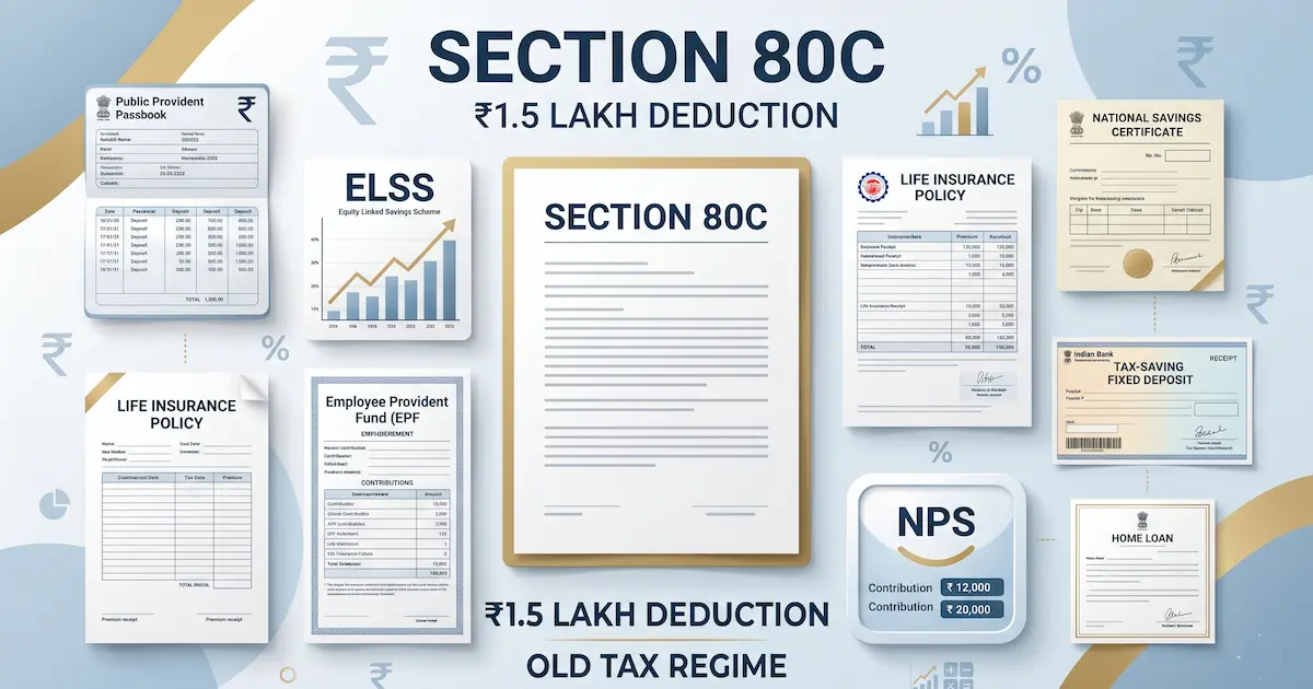 A document labelled Section 80C of the Income Tax Act surrounded by icons representing PPF, ELSS, life insurance, and other eligible investment instruments under the ₹1.5 lakh deduction