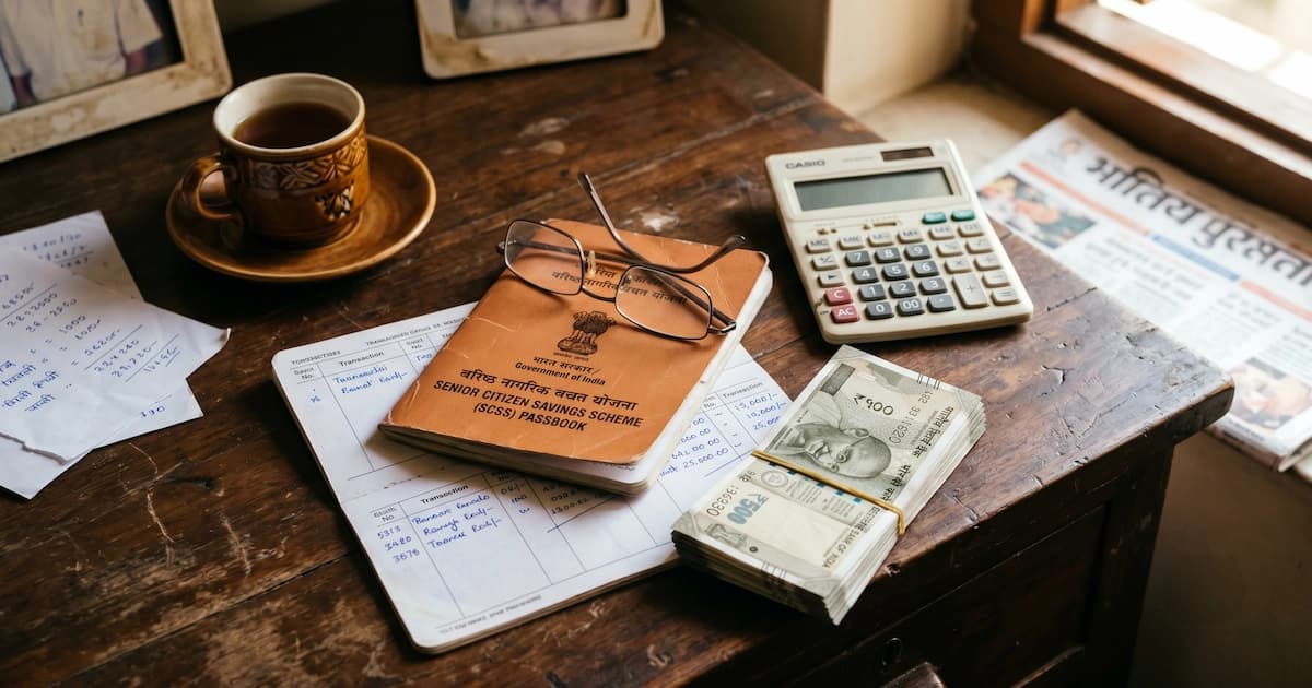 Senior Citizen Savings Scheme passbook beside a calculator and Indian rupee notes, illustrating the 8.2% retirement income scheme for 60+