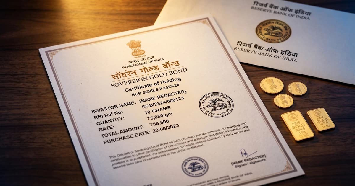 Sovereign Gold Bond certificate alongside gold coins and an RBI document, illustrating India's government-backed gold investment scheme