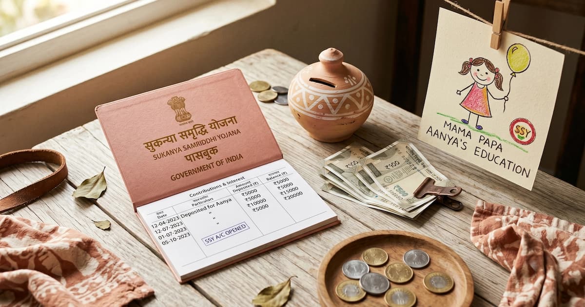 Sukanya Samriddhi Yojana passbook with deposit entries beside coins and a piggy bank, illustrating the girl-child savings scheme