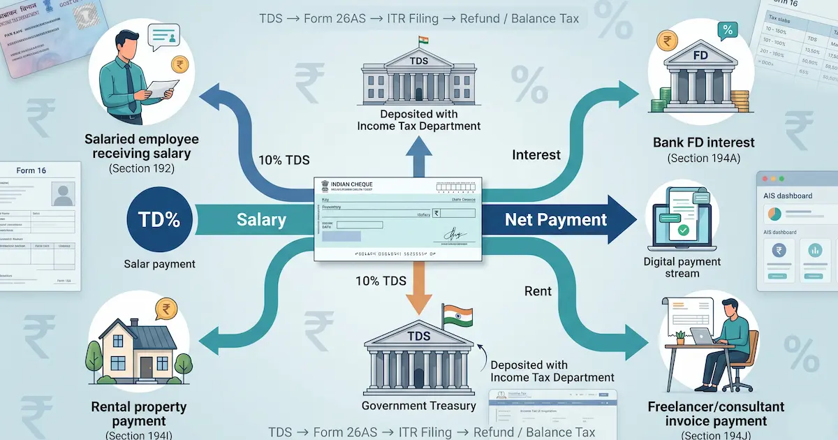 A salary cheque being split at the source with the tax portion routed to the Income Tax Department, illustrating how TDS deducts tax before the payment reaches the recipient