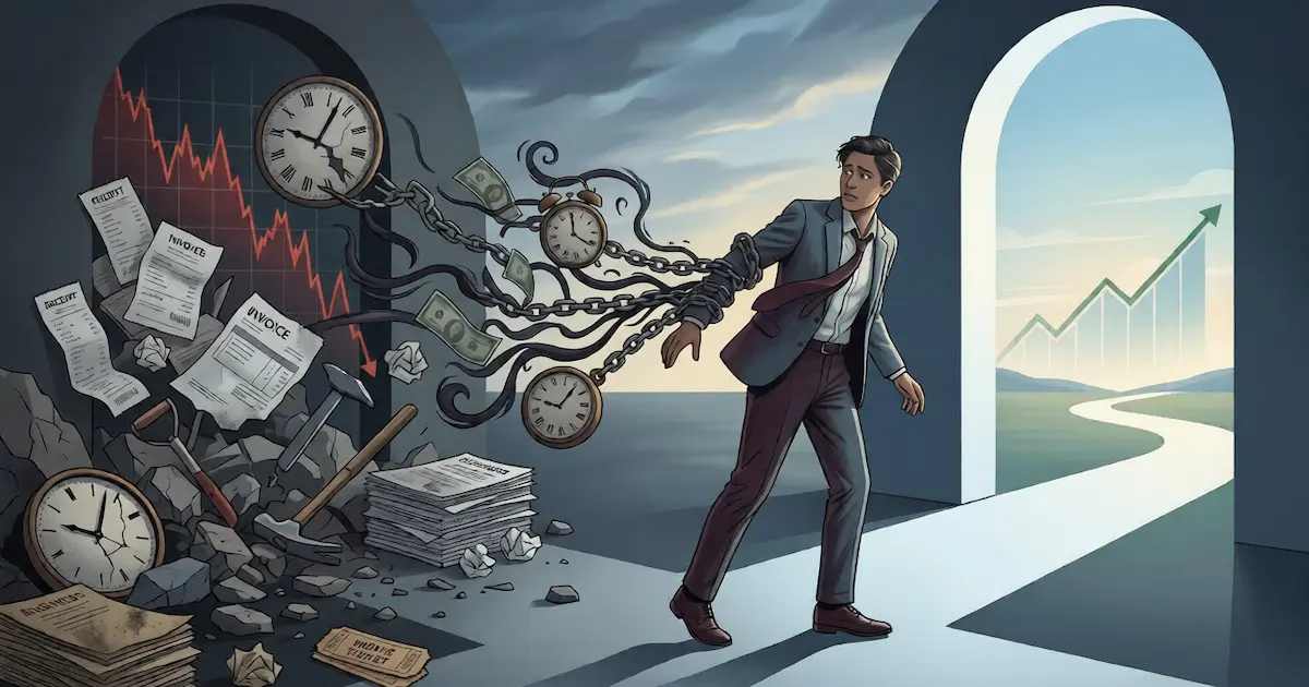 A figure standing in front of two doors — one labelled 'continue because you've already paid' and the other 'walk away' — illustrating how the sunk cost fallacy biases decisions toward continuing failed commitments