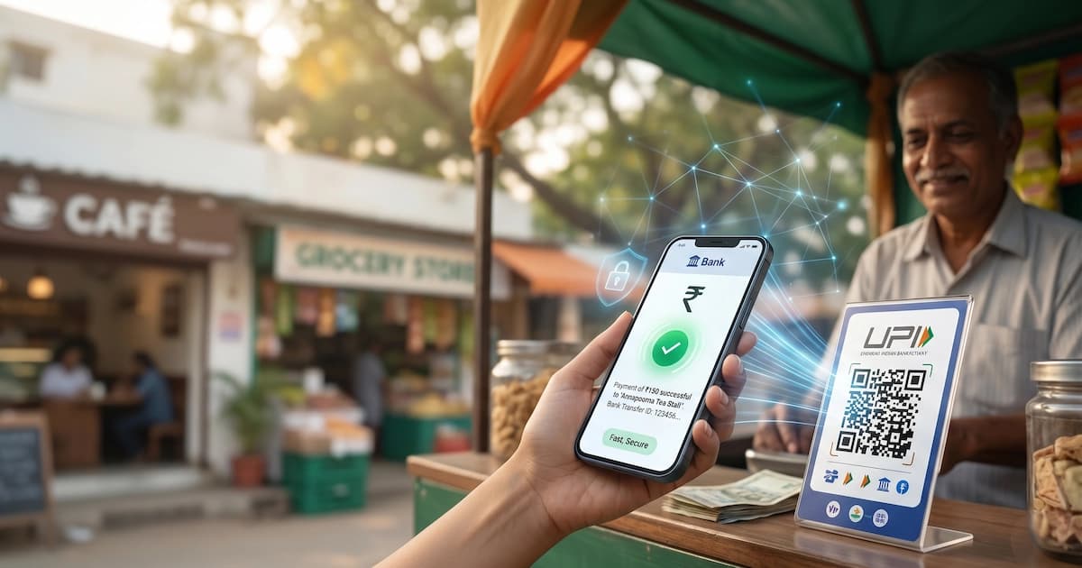 Smartphone showing a UPI QR code scan in progress with the Indian rupee symbol, illustrating how UPI enables instant bank-to-bank transfers