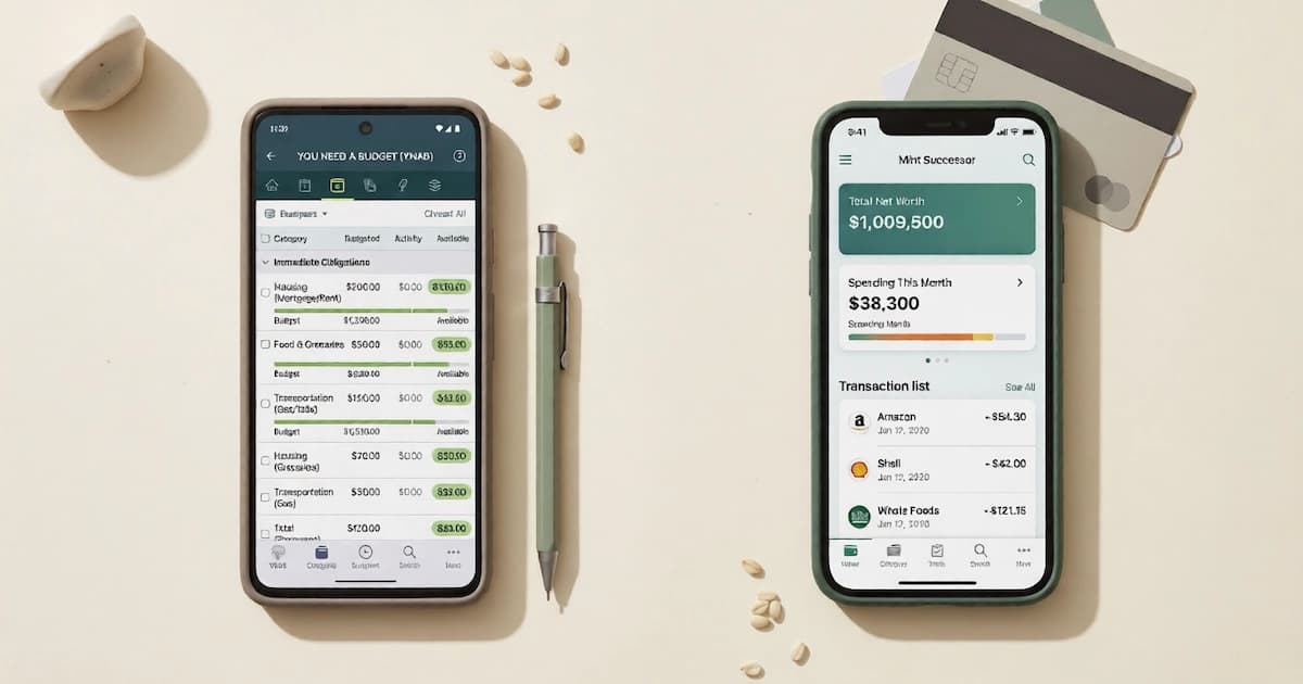 Comparison illustration showing budgeting app interfaces side by side, representing YNAB versus Mint and successor apps